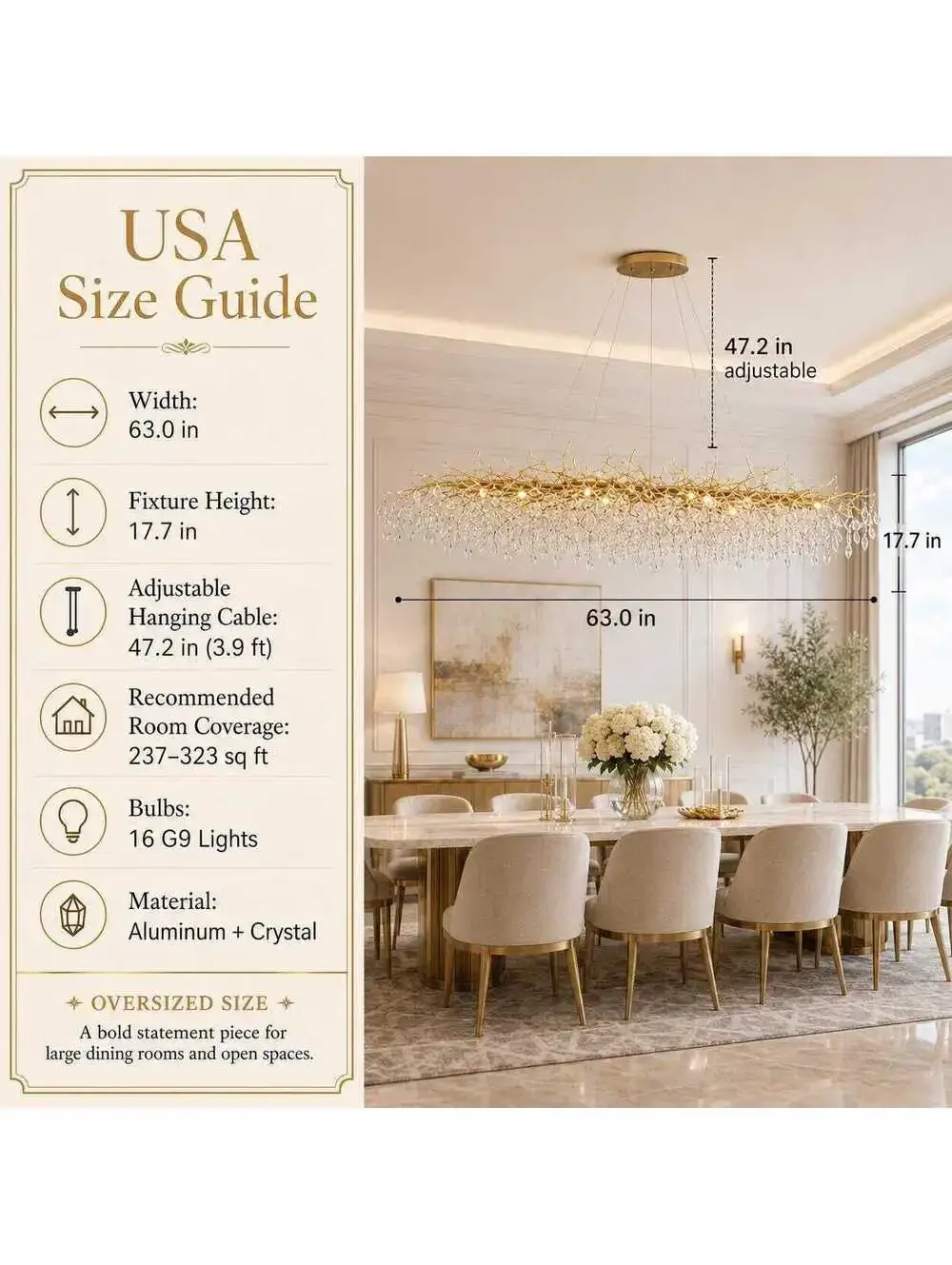 Luxora Modern Crystal Chandelier Pendant Light with Gold Branch Design